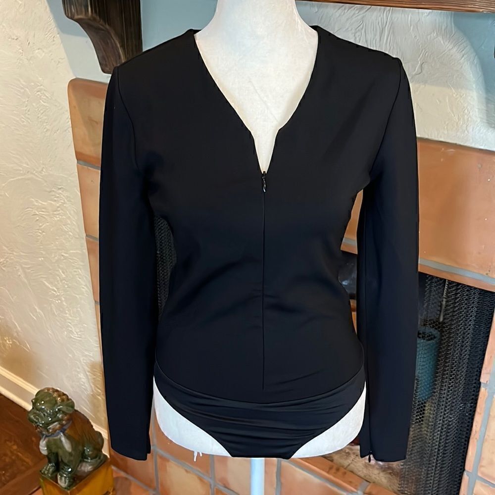 Chico’s Black Label Black Long-Sleeved Zip-Front Bodysuit, 00/XS/2!